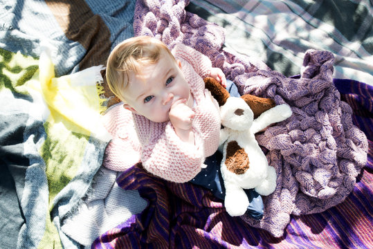 Overhead portrait of baby girl looking up from blanket in garden