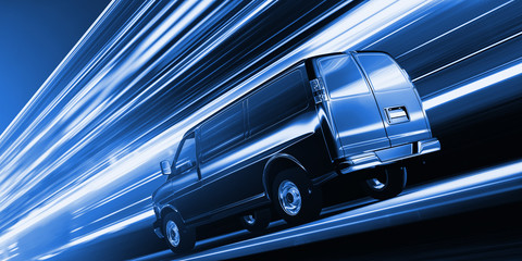 schneller Transporter bei Nacht in einer Stadt