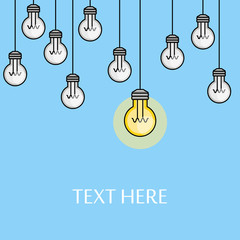 Hanging light bulbs with one lighted. Creative idea illustration. Problem solution. Line style. Inspiration background. Technology innovation discovery. Electric power.