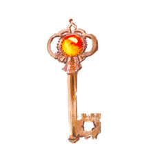Watercolor key with gold stone. Symbol wealth.
