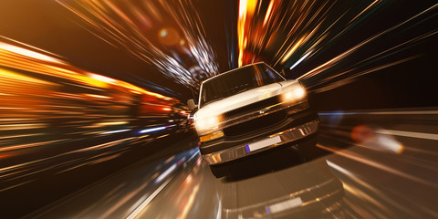 schneller Transporter bei Nacht in einer Stadt