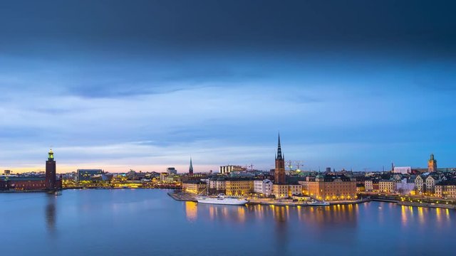 Time lapse of The City Hall  and the island Riddarholmen in central Stockholm at dusk. 