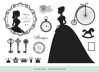 Vintage silhouettes set. Princesses, old keys, crowns stamps rose byke