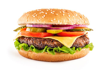 Classic cheeseburger isolated on white background - obrazy, fototapety, plakaty