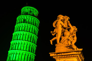 The Leaning Tower dressed in green