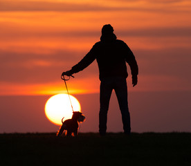 Silhouette of man with dog at sunset