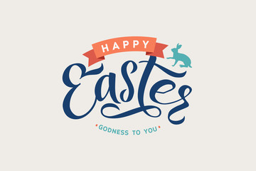Happy Easter Calligraphy Greeting Card. Modern Brush Lettering. Joyful Wishes, Holiday Greetings. Pastel Background. Bunny and Chicken