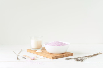 Welness products on light wooden background