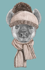 Portrait of Hyena with scarf and hat. Hand-drawn illustration.