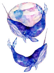 Watercolor set with colorful, space whales on white background.  © rina_ro
