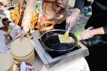Pancakes with jam on a plate close up. Maslenitsa.Shrovetide