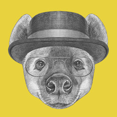 Portrait of Hyena with hat and glasses . Hand-drawn illustration.