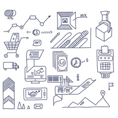 Hand draw doodle elements bank business finance analytics earnings.