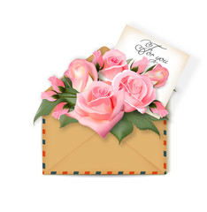 Roses with a note in an envelope. Template for greeting card, banner, an invitation. Mothers day Card. Concept spring background. Vector. The concept of flower delivery.