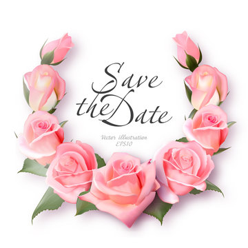 Realistic rose wreath. Delicate pink roses frame. Vintage Wedding Invitation Card. Elegant Floral Frame with Beautiful Roses. Vector Illustration