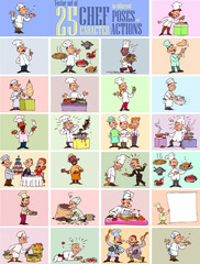 Large vector set of various chef characters in 25 poses and actions. Chef in professional attitude, angry, exposing, working, relaxed… and more!