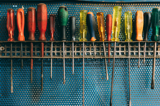 Row of screwdrivers in forge workshop