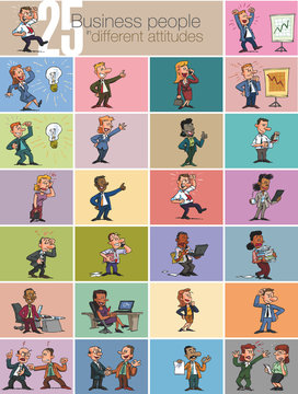 Large vector set of businesspeople characters in 25 poses and actions. Office worker professional angry, exposing, talking on phone, jumping, working, running, relaxed… and more!