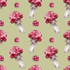 Seamless pattern with amanita, fly-agaric. Watercolor illustration.