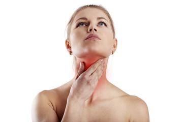 Throat disease. Young female suffering from gland pain.  - 141370073