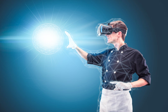 chef with virtual reality on a blue background
