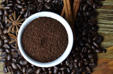 Ground coffee in white cup with coffee beans and cinnamon sticks in background
