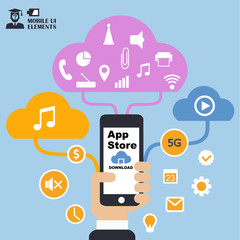 Mobile App Store, concept, flat design illustration,human hand with mobile phone, tablet