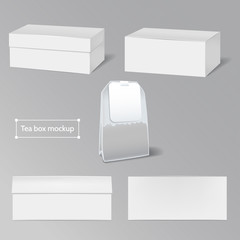 Box and tea bag. 3d realistic illustrations for your design and product presentation. Vector eps 10.