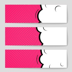 Abstract creative concept vector comic pop art style blank, layout template with clouds beams and isolated dots background. For sale banner, empty speech bubble set, illustration halftone book design.