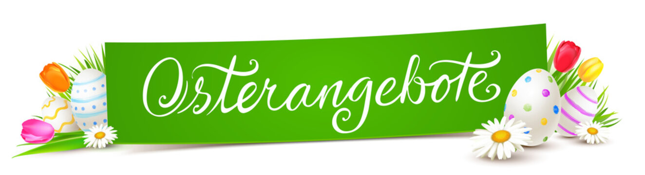 Banner mit bunten Ostereiern, Tulpen und Margeriten - Osterangebote