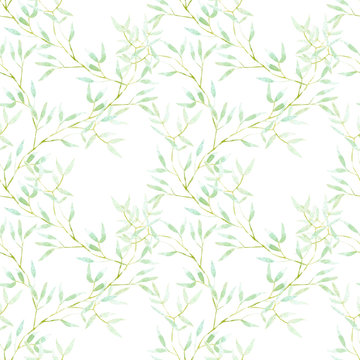 Seamless floral pattern with watercolor green tree branches, hand drawn on a white background