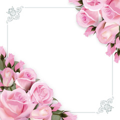 Vector background with pink roses flowers and green leaves.