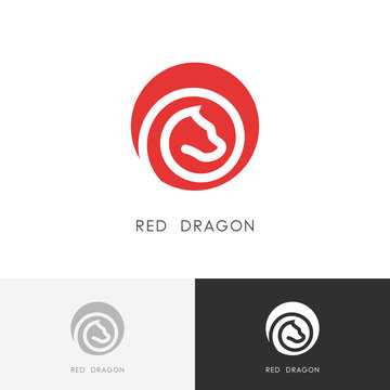 Red dragon logo - fairy tale animal symbol. Colored dog or horse icon.