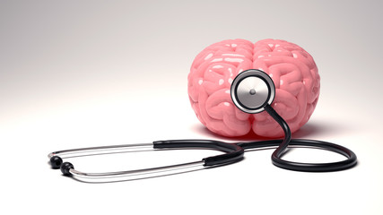 Human brain and stethoscope, isolated on white background.
