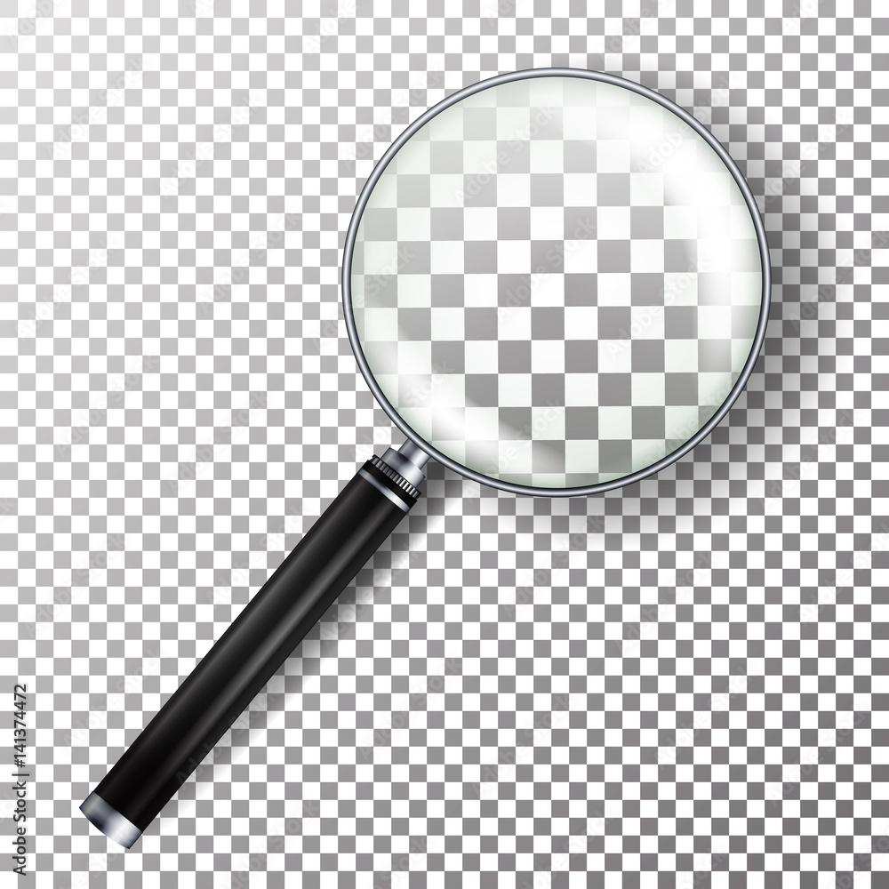 Poster realistic magnifying glass vector. isolated on checkered background illustration. magnifying glass o