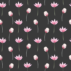 Seamless floral pattern with pink tender flowers hand drawn in watercolor on a dark background