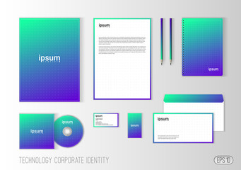 Corporate identity template for technology company, modern stationery template design for business. Brochure cover, letterhead, envelope, business card, pen, CD cover. Minimalistic brand identity.