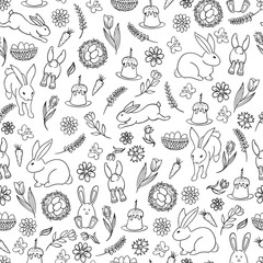 Seamless pattern of Easter hand drawn cute doodles illustration. Vector.