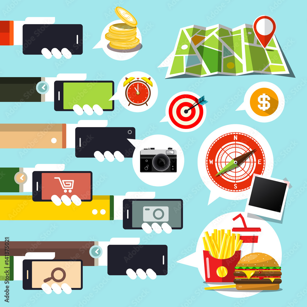 Poster hands with cell phones with user application icons - symbols