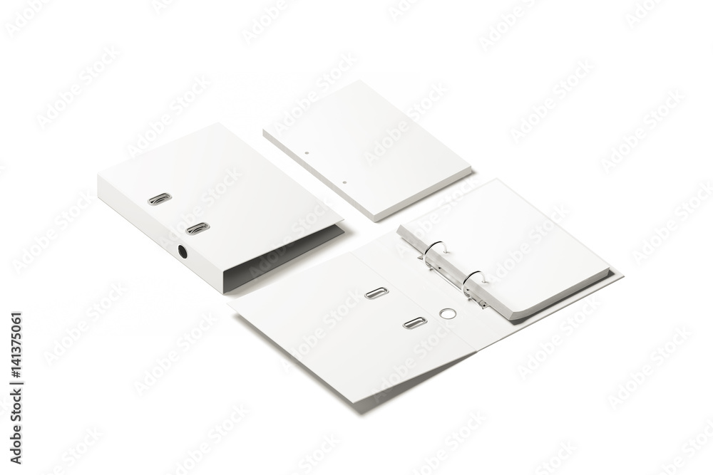 Fototapete blank white ring binder folder design mockup, 3d rendering. self-binder mock up with stack of a4 pap