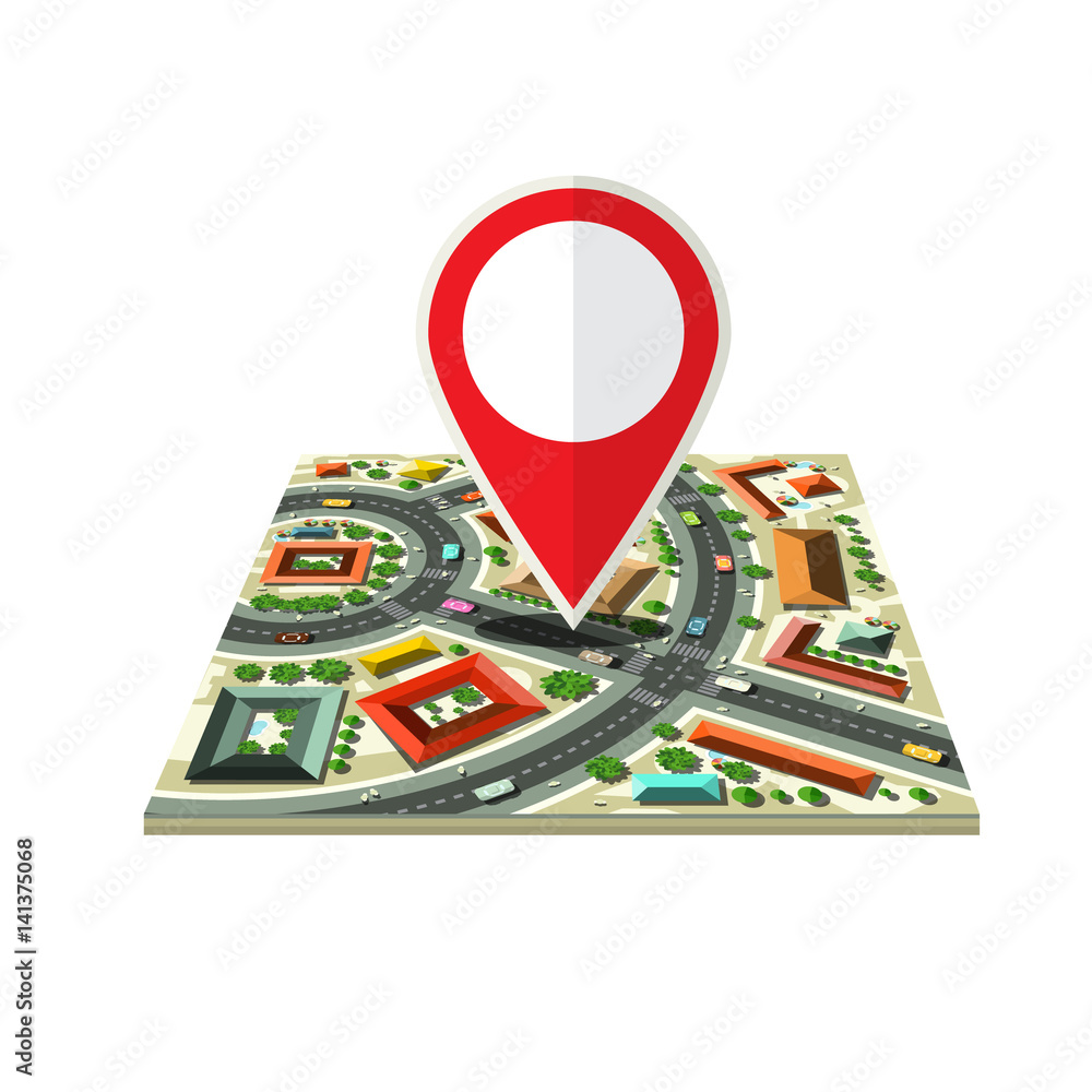 Poster vector city map icon with red marker isolated on white background