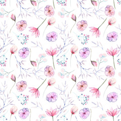 Seamless floral pattern with the watercolor pink and purple flowers and leaves, hand  painted isolated on a white background