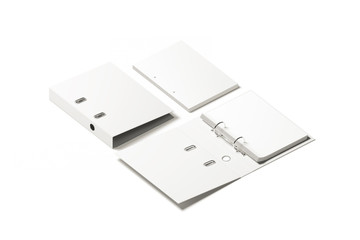 Blank white ring binder folder design mockup, 3d rendering. Self-binder mock up with stack of a4...