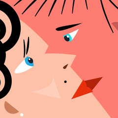 Kissing Faces. Vector Flat Design Man and Woman Cartoon.
