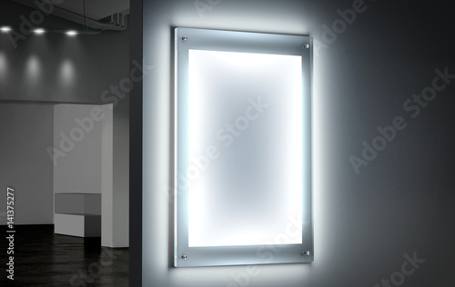 Download "Blank white illuminated poster mockup in dark hall, 3d rendering. Clear glowing affiche design ...
