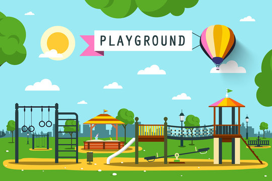 Children's Playground on City Park. Vector Flat Design Cartoon.
