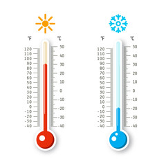 Hot and Cold Weather Icons. Vector Thermometers Isolated on White Background.