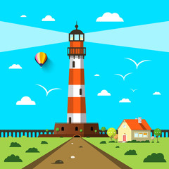 Lighthouse with House and Hot Air Balloon on Sunny Day