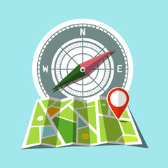 Map with Red Mark and Compass Icons