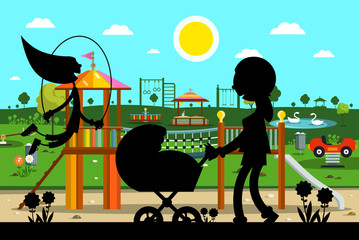 Kid's Playground in Park with Mother and Child Silhouette